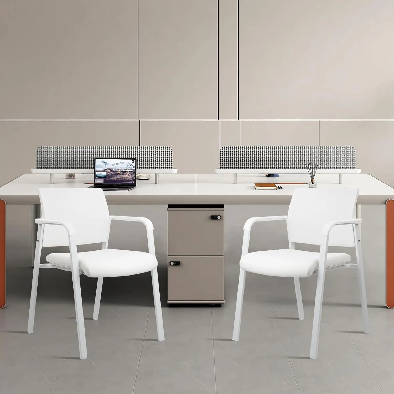 CLATINA Stacking Office Chairs | Mesh Back, Thicken Leather Seat and Arms, Ergonomic Lumber Support | Guest Reception, Waiting, Conference, School, Party, Customer, Side, Stationary | Set of 4, White