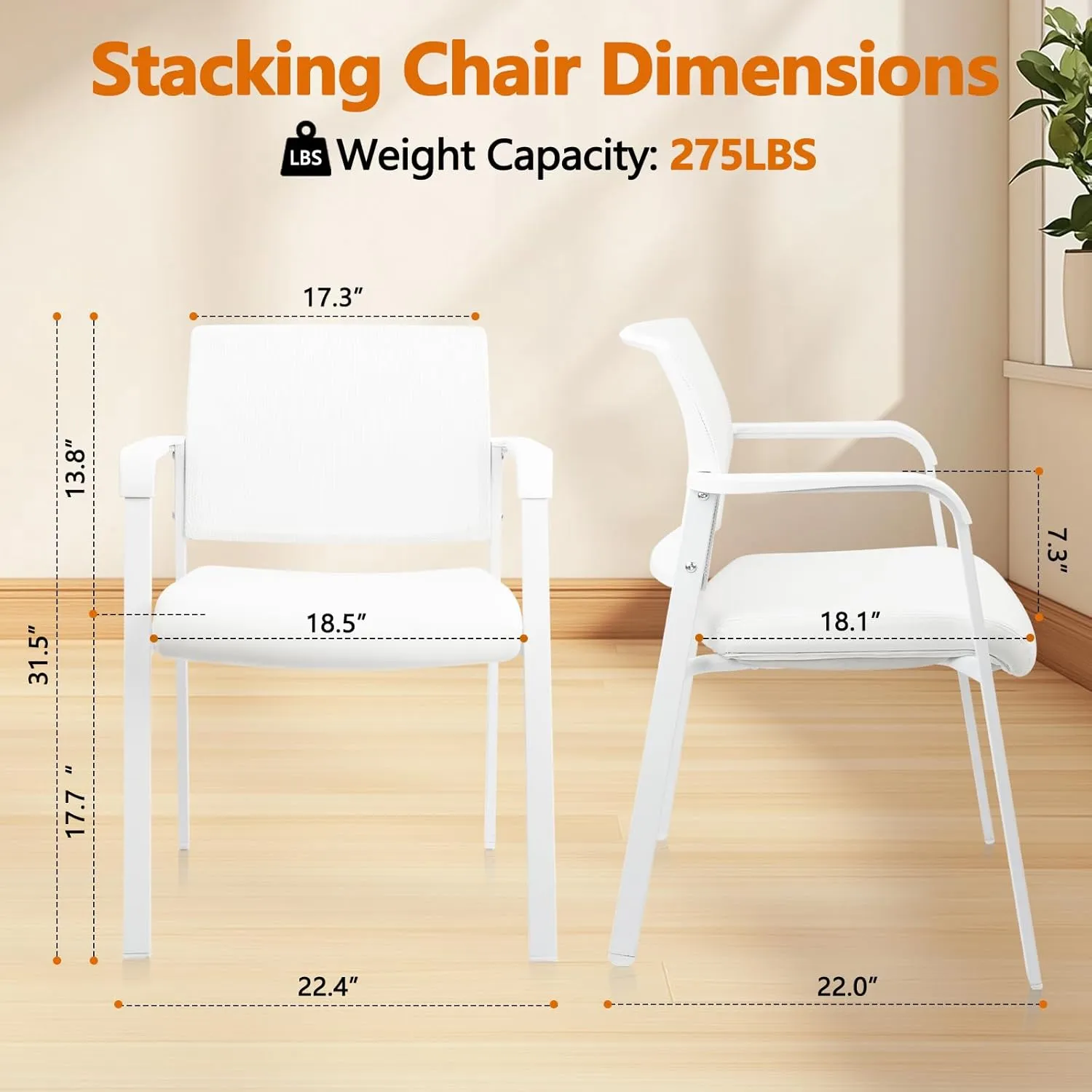 CLATINA Stacking Office Chairs | Mesh Back, Thicken Leather Seat and Arms, Ergonomic Lumber Support | Guest Reception, Waiting, Conference, School, Party, Customer, Side, Stationary | Set of 4, White