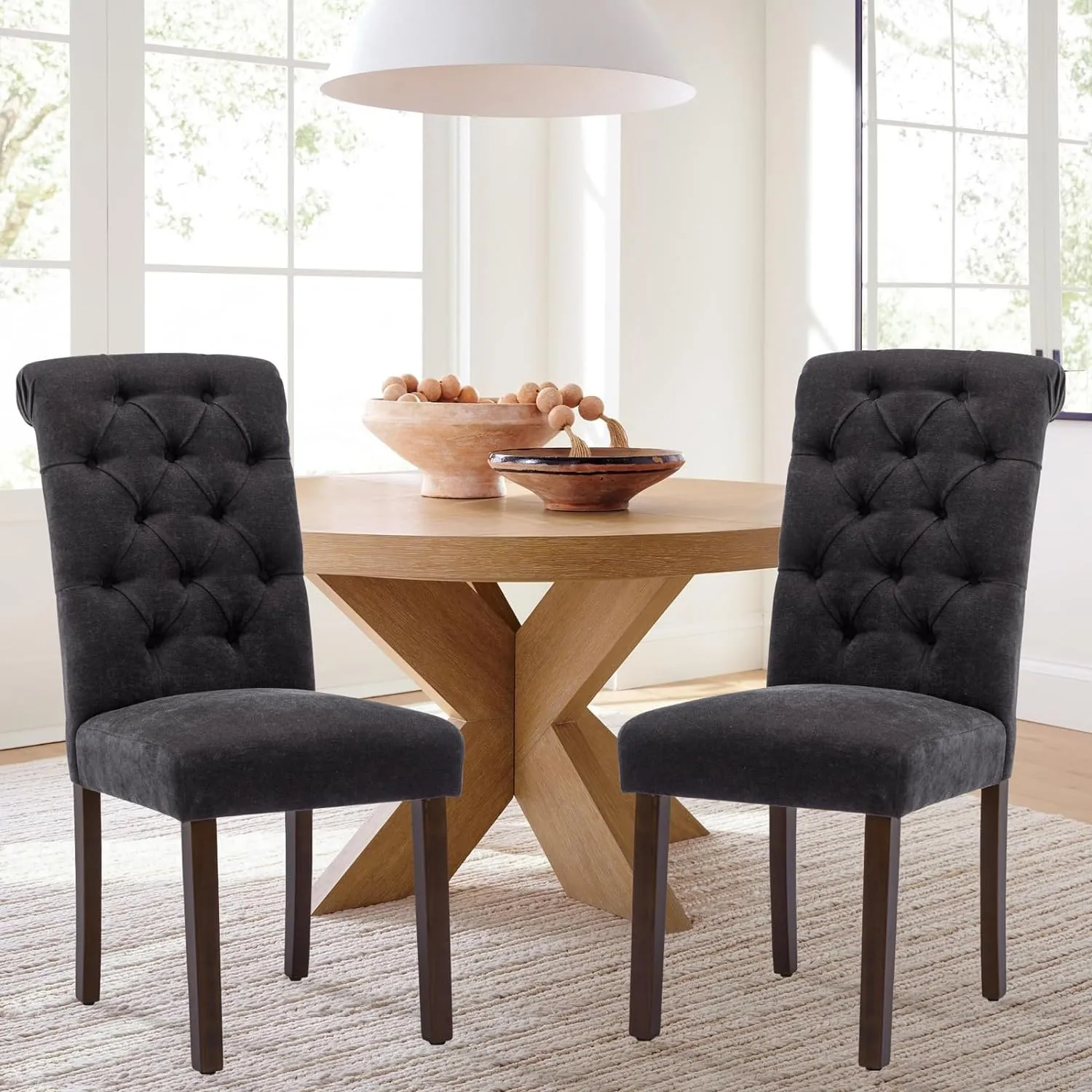 COLAMY Button Tufted Dining Chairs Set of 2, Parsons Upholstered Fabric Dining Room Chairs Kitchen Chairs with Wood Legs and Padded Seat, Black