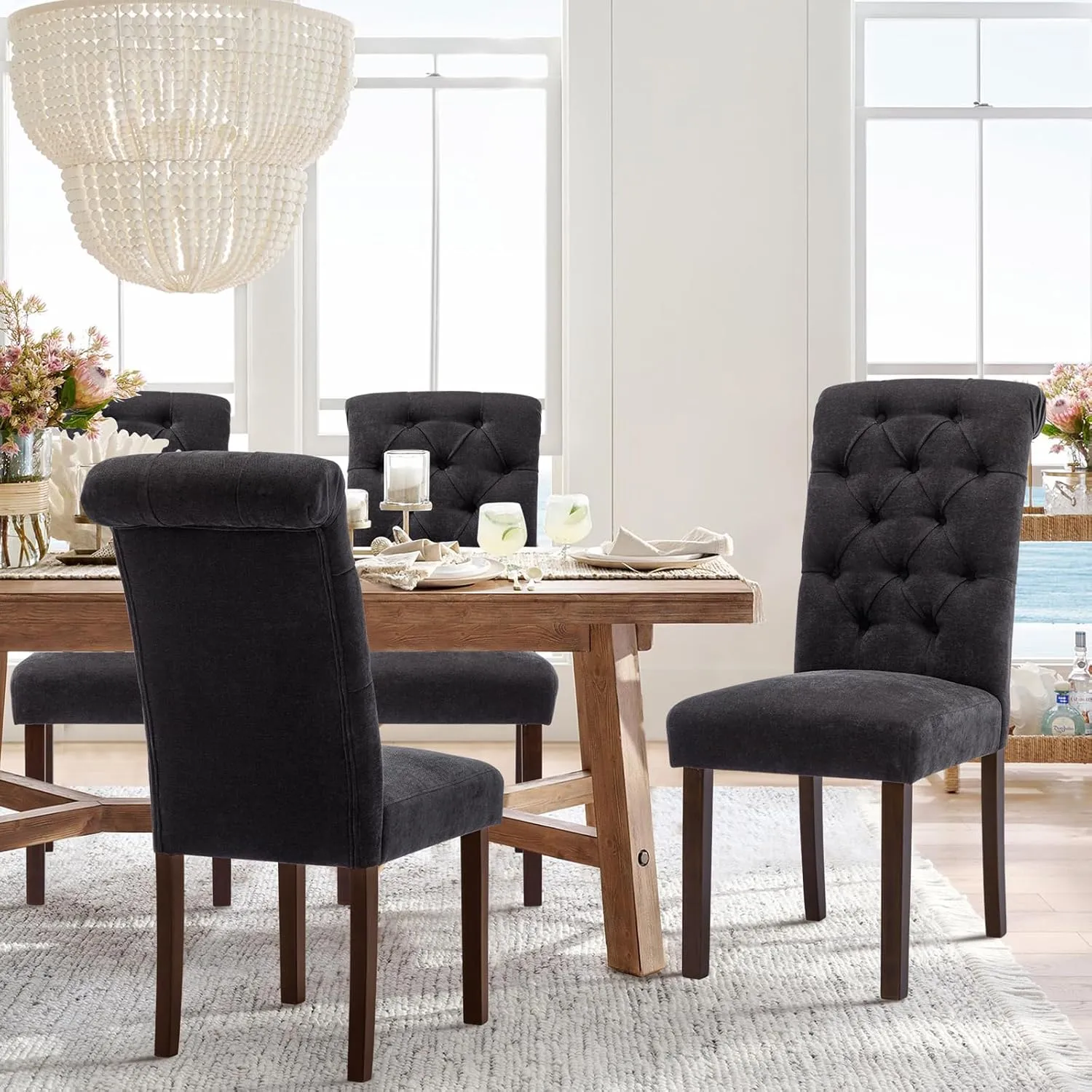 COLAMY Button Tufted Dining Chairs Set of 2, Parsons Upholstered Fabric Dining Room Chairs Kitchen Chairs with Wood Legs and Padded Seat, Black