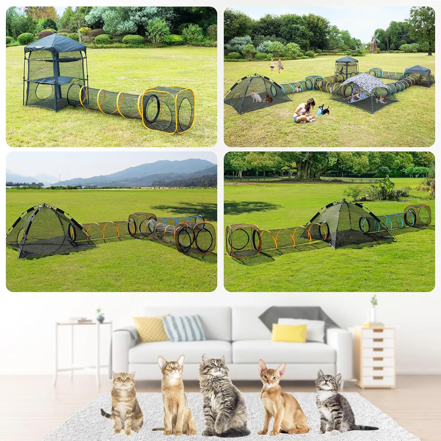 Collapsible Cat Play Tunnel and House - 2 Tunnels   Cube for Indoor and Outdoor, Easy to Connect with Cat Tent