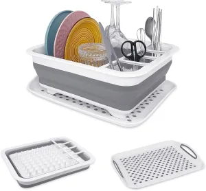 Collapsible Dish Rack with Drainboard for Drying Dishes - Space-Saving Foldable Design with Dinnerware Storage Tray/Basket - Perfect for Kitchen Counter Organization