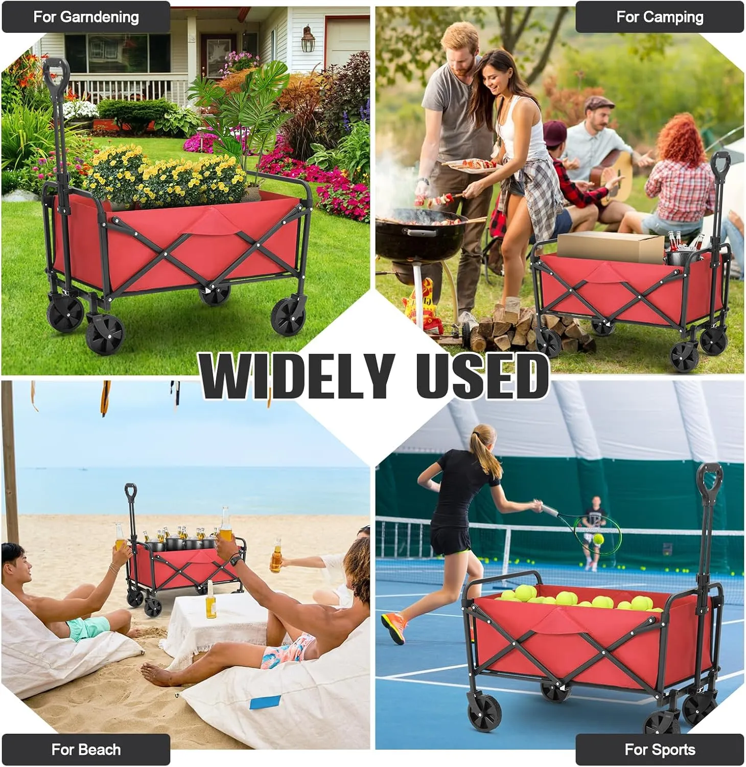 Collapsible Foldable Wagon,Wagons Carts Foldable with Wheels,Utility Grocery Folding Beach Wagon for Sand Garden Sports Shopping Outdoor(Bright Red).