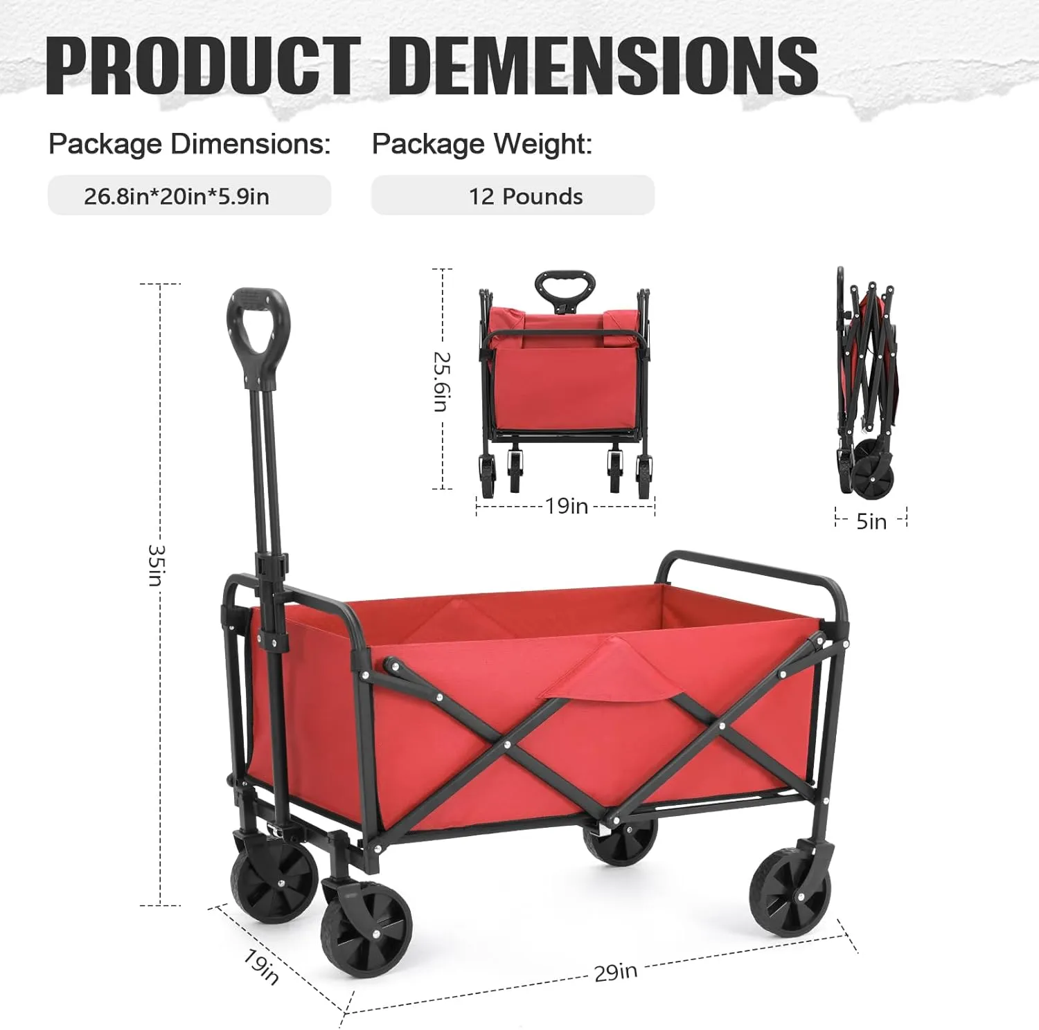 Collapsible Foldable Wagon,Wagons Carts Foldable with Wheels,Utility Grocery Folding Beach Wagon for Sand Garden Sports Shopping Outdoor(Bright Red).