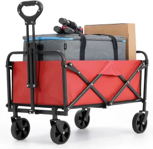 Collapsible Foldable Wagon,Wagons Carts Foldable with Wheels,Utility Grocery Folding Beach Wagon for Sand Garden Sports Shopping Outdoor(Bright Red).