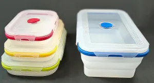Collapsible Silicone Food Storage Containers - Rectangular Set of 4 with Airtight Snap-Down Plastic Lids - Microwave, Dishwasher, Freezer Safe