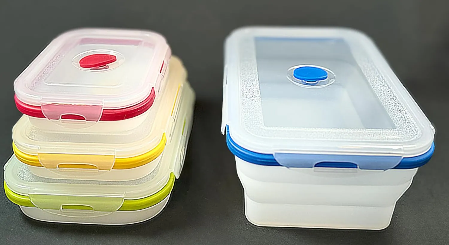 Collapsible Silicone Food Storage Containers - Rectangular Set of 4 with Airtight Snap-Down Plastic Lids - Microwave, Dishwasher, Freezer Safe
