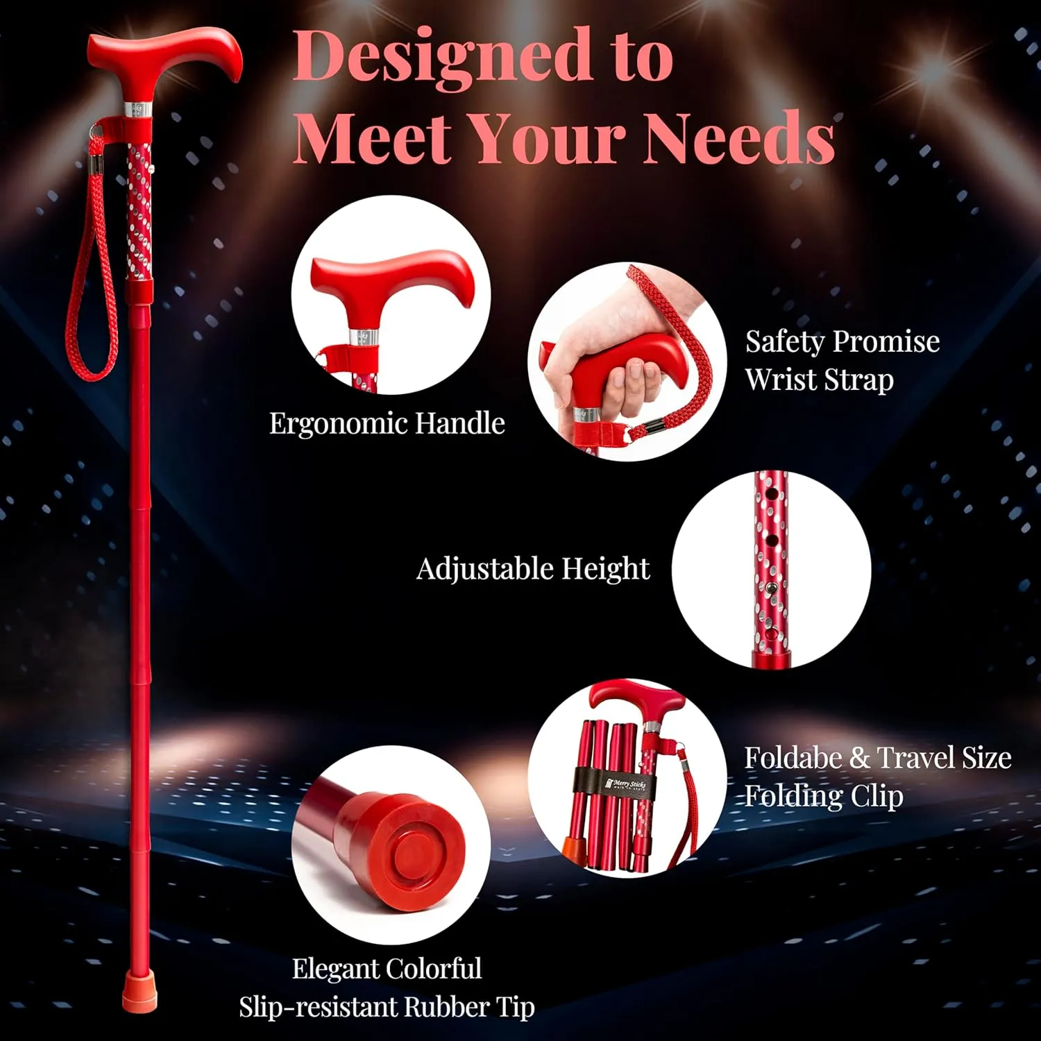 [Combo] Merry Sticks Foldable Walking Sticks, Adjustable Canes for Women and Seniors, Folding and Collapsible Canes for Men. Includes A Cane Bag and A Smart Reflective Cane Holder