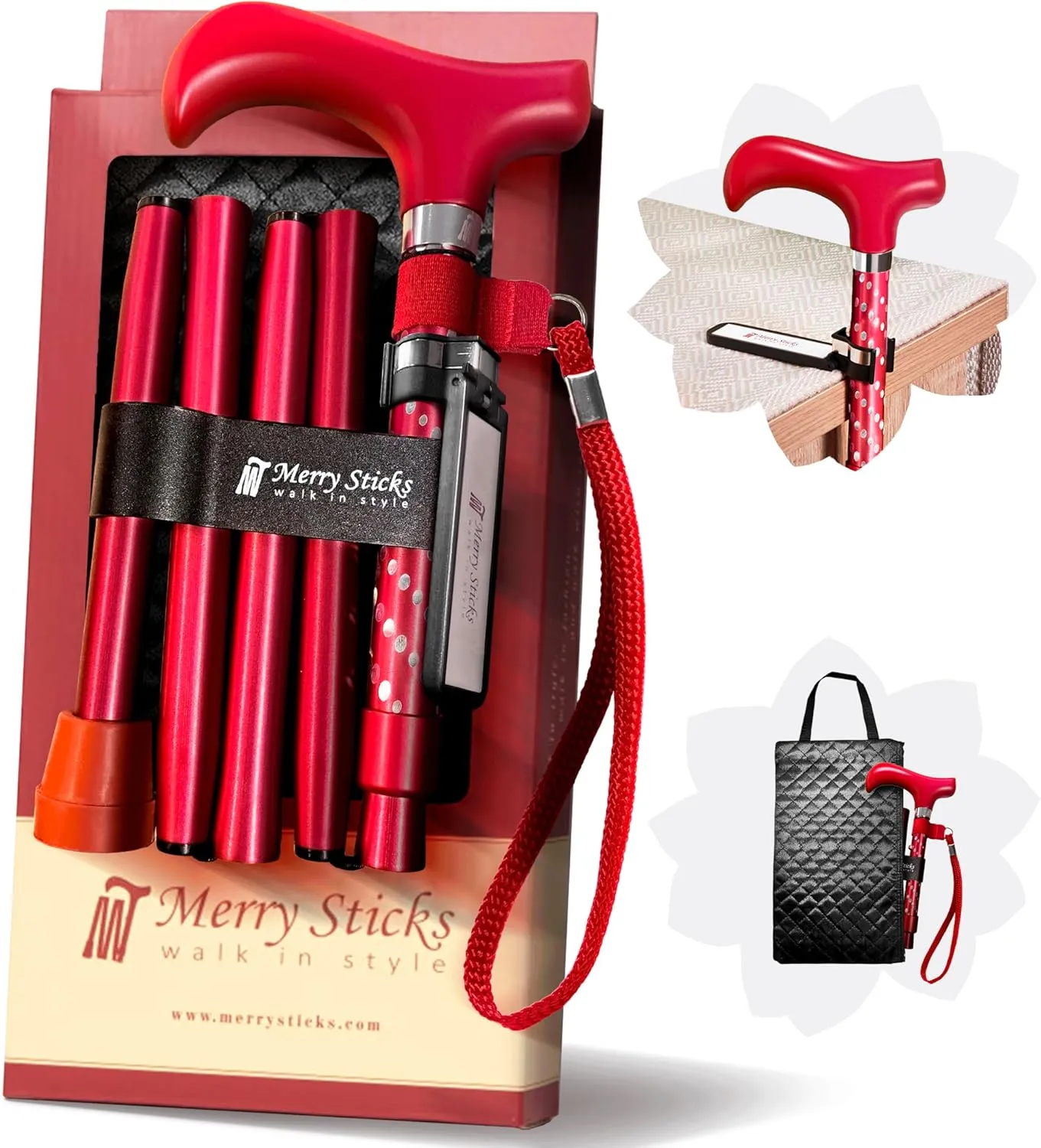 [Combo] Merry Sticks Foldable Walking Sticks, Adjustable Canes for Women and Seniors, Folding and Collapsible Canes for Men. Includes A Cane Bag and A Smart Reflective Cane Holder