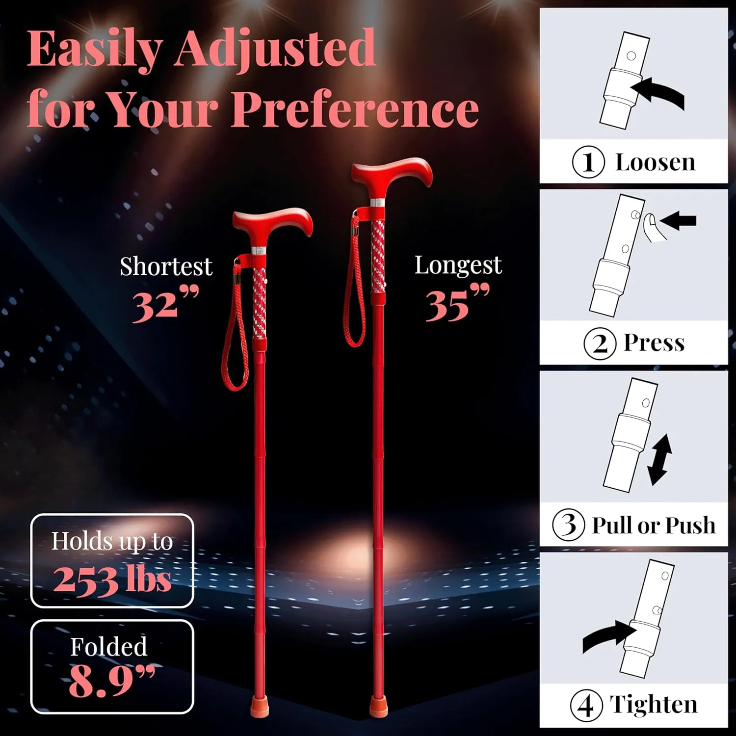 [Combo] Merry Sticks Foldable Walking Sticks, Adjustable Canes for Women and Seniors, Folding and Collapsible Canes for Men. Includes A Cane Bag and A Smart Reflective Cane Holder