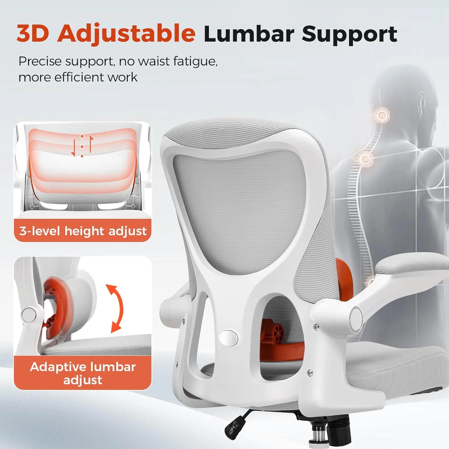 COMHOMA Ergonomic Office Chair with Adjustable Lumbar Support, High Back Mesh Computer Desk Chair with Flip-up Armrests, 3D Saddle Cushion, Back Pain Relief (Gray)