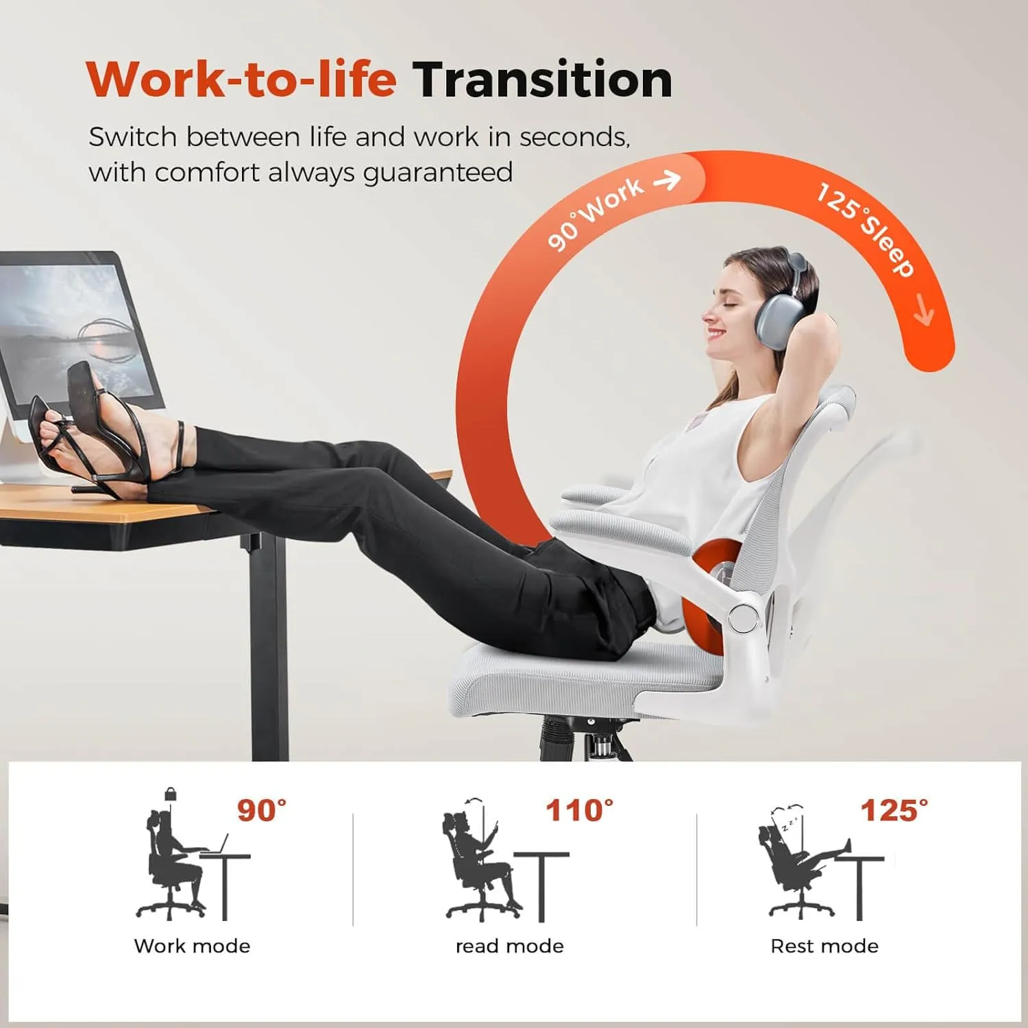 COMHOMA Ergonomic Office Chair with Adjustable Lumbar Support, High Back Mesh Computer Desk Chair with Flip-up Armrests, 3D Saddle Cushion, Back Pain Relief (Gray)