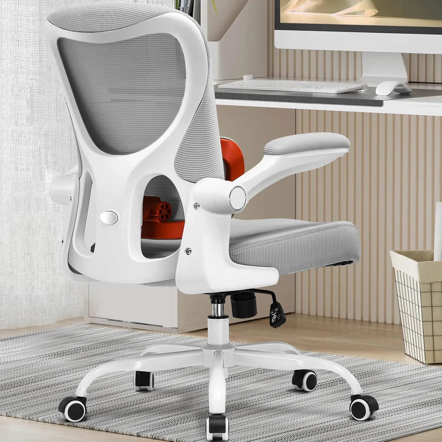 COMHOMA Ergonomic Office Chair with Adjustable Lumbar Support, High Back Mesh Computer Desk Chair with Flip-up Armrests, 3D Saddle Cushion, Back Pain Relief (Gray)