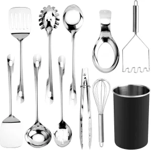COOK WITH COLOR Kitchen Utensil Set - 10-piece premium Nonstick & Heat Resistant Kitchen Gadgets, Turner, Spaghetti Server, Serving Spoons, Whisk, Tongs, Masher & Utensil Holder, Black