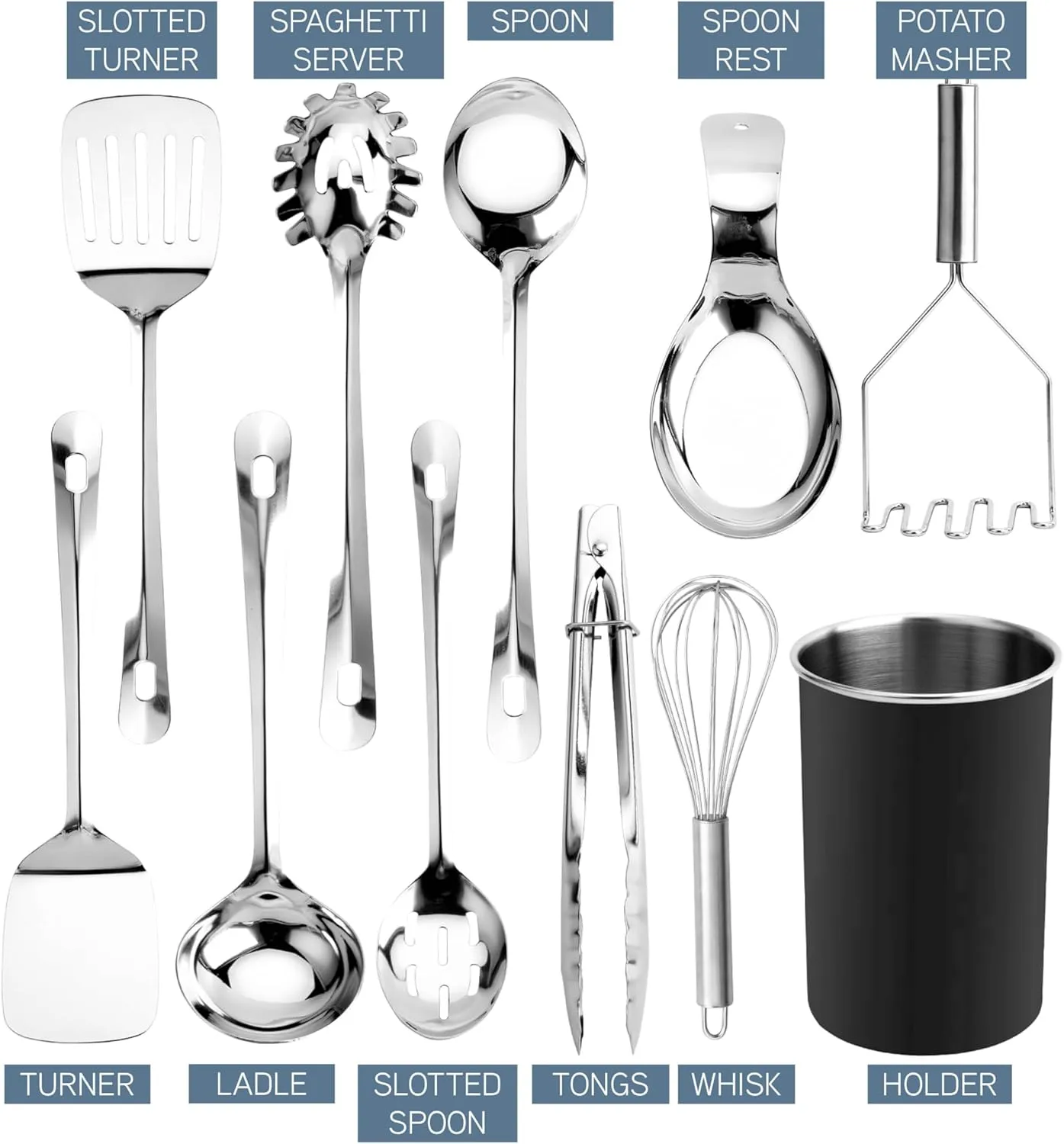 COOK WITH COLOR Kitchen Utensil Set - 10-piece premium Nonstick & Heat Resistant Kitchen Gadgets, Turner, Spaghetti Server, Serving Spoons, Whisk, Tongs, Masher & Utensil Holder, Black