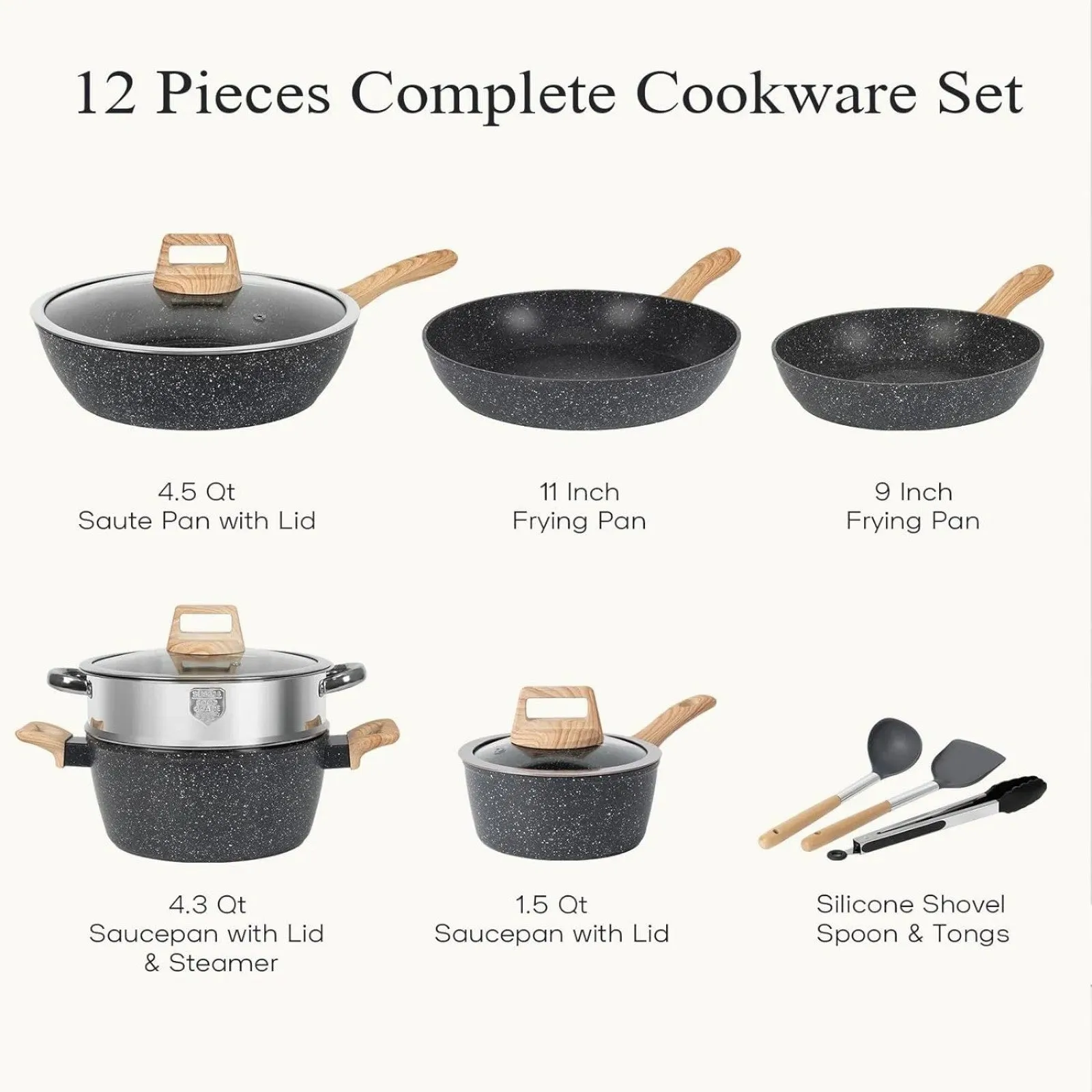 Cooking Set, Set Sticky LunaLulink Great price drop Granite Cookware 12-Piece Flash sale Nonstick