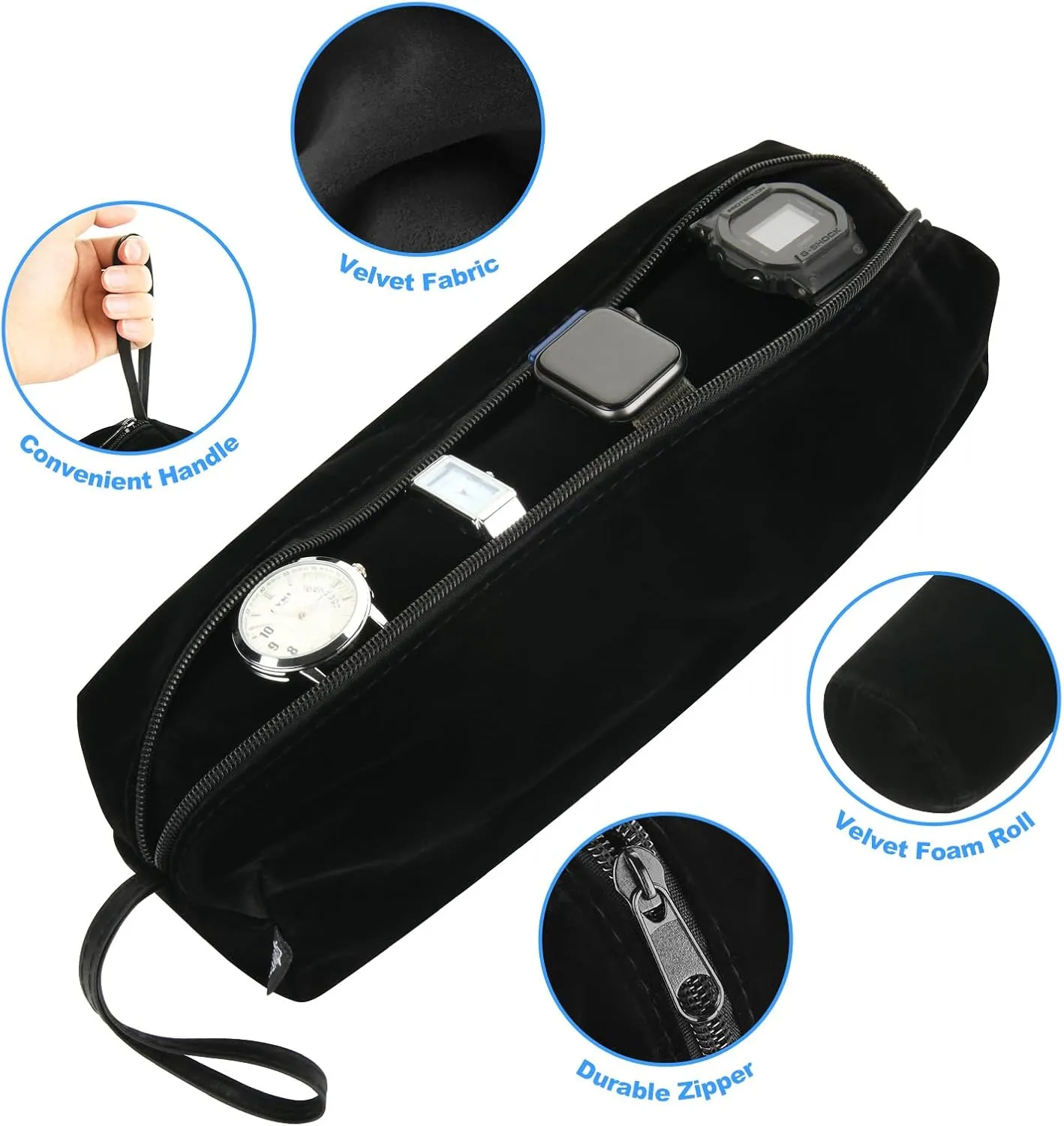Cosmos Velvet Watch Roll Pouch Organizer Travel Storage Bag Watch Travel Carry Case Bag Water Pouch Organizer with Removable Roll Insert Velvet Holder, Black Color