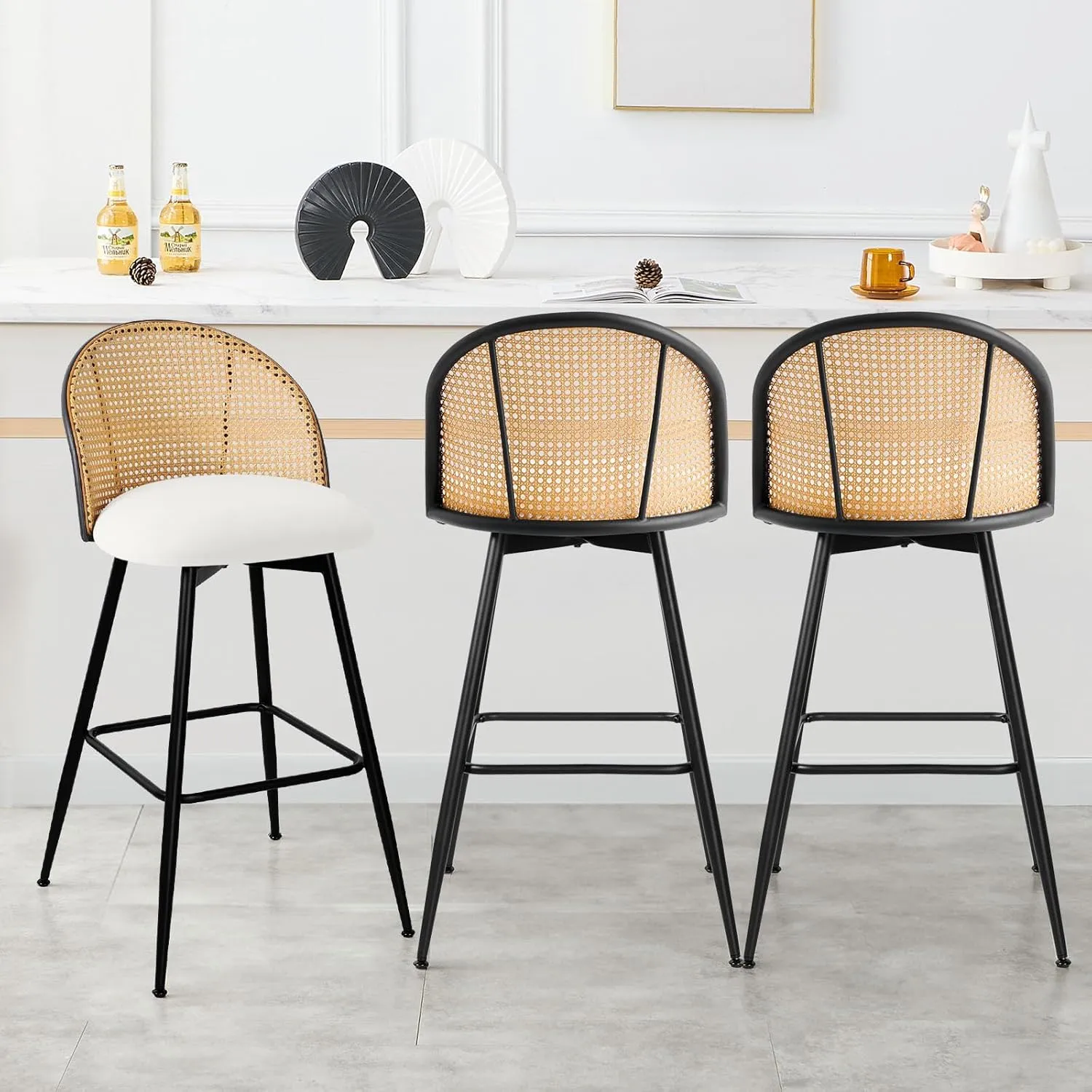 Counter Height Bar Stools Set of 3, 360° Swivel Upholstered Barstools with Rattan Full Back & Metal Legs, PU Leather 26" Mid Century Modern Counter Stool Kitchen Island Bar Chairs, White
