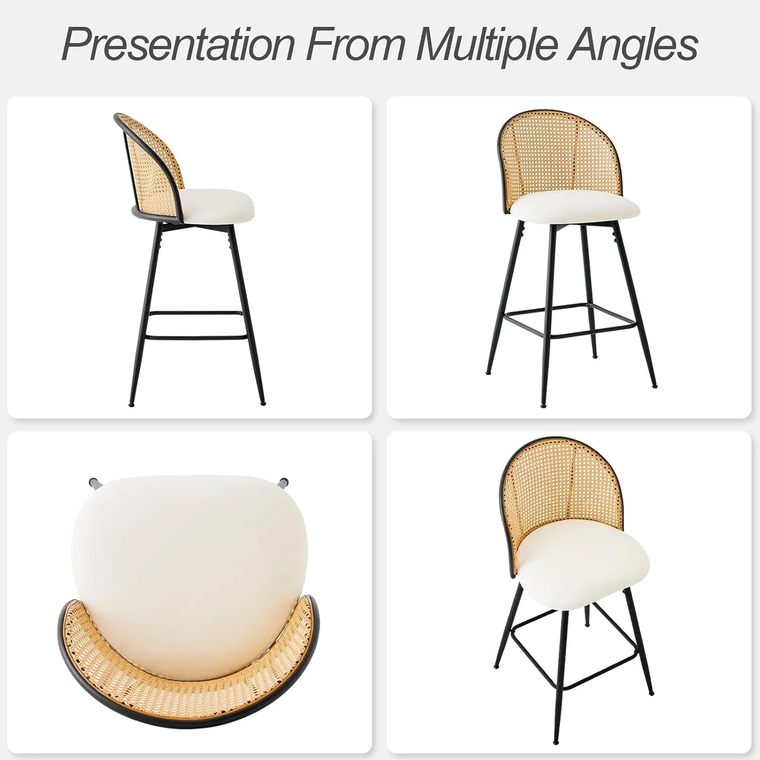 Counter Height Bar Stools Set of 3, 360° Swivel Upholstered Barstools with Rattan Full Back & Metal Legs, PU Leather 26" Mid Century Modern Counter Stool Kitchen Island Bar Chairs, White