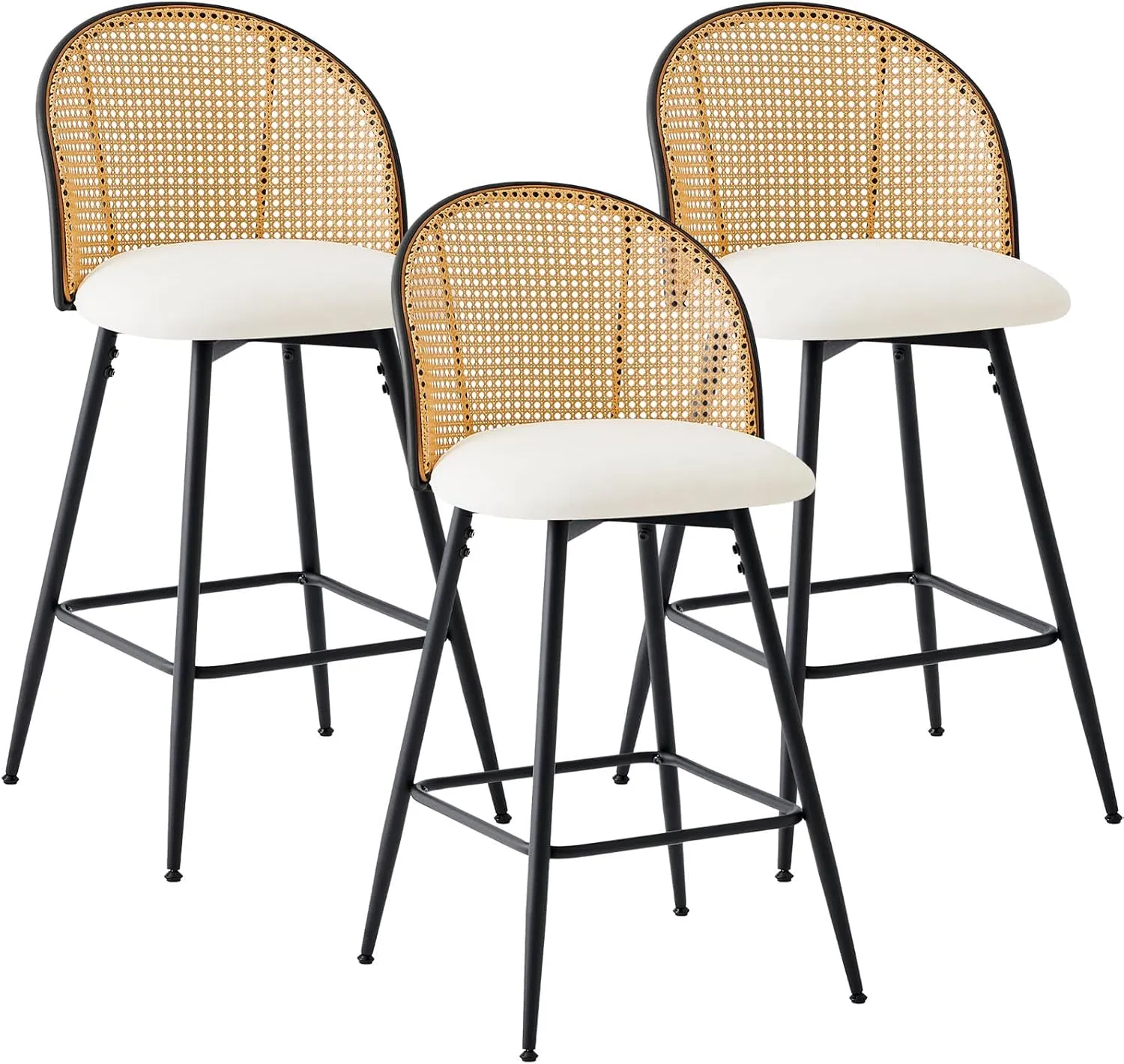 Counter Height Bar Stools Set of 3, 360° Swivel Upholstered Barstools with Rattan Full Back & Metal Legs, PU Leather 26" Mid Century Modern Counter Stool Kitchen Island Bar Chairs, White