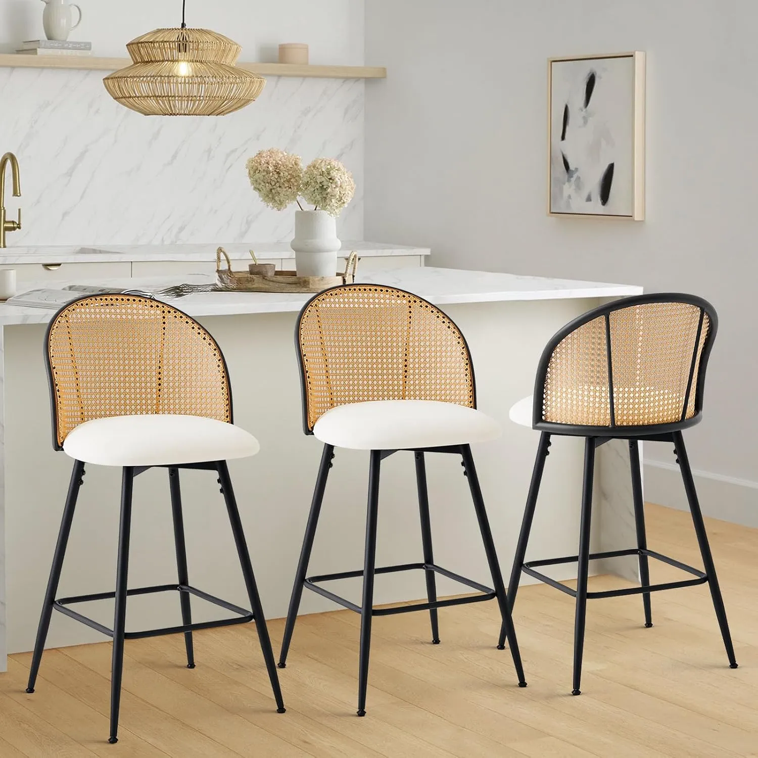Counter Height Bar Stools Set of 3, 360° Swivel Upholstered Barstools with Rattan Full Back & Metal Legs, PU Leather 26" Mid Century Modern Counter Stool Kitchen Island Bar Chairs, White