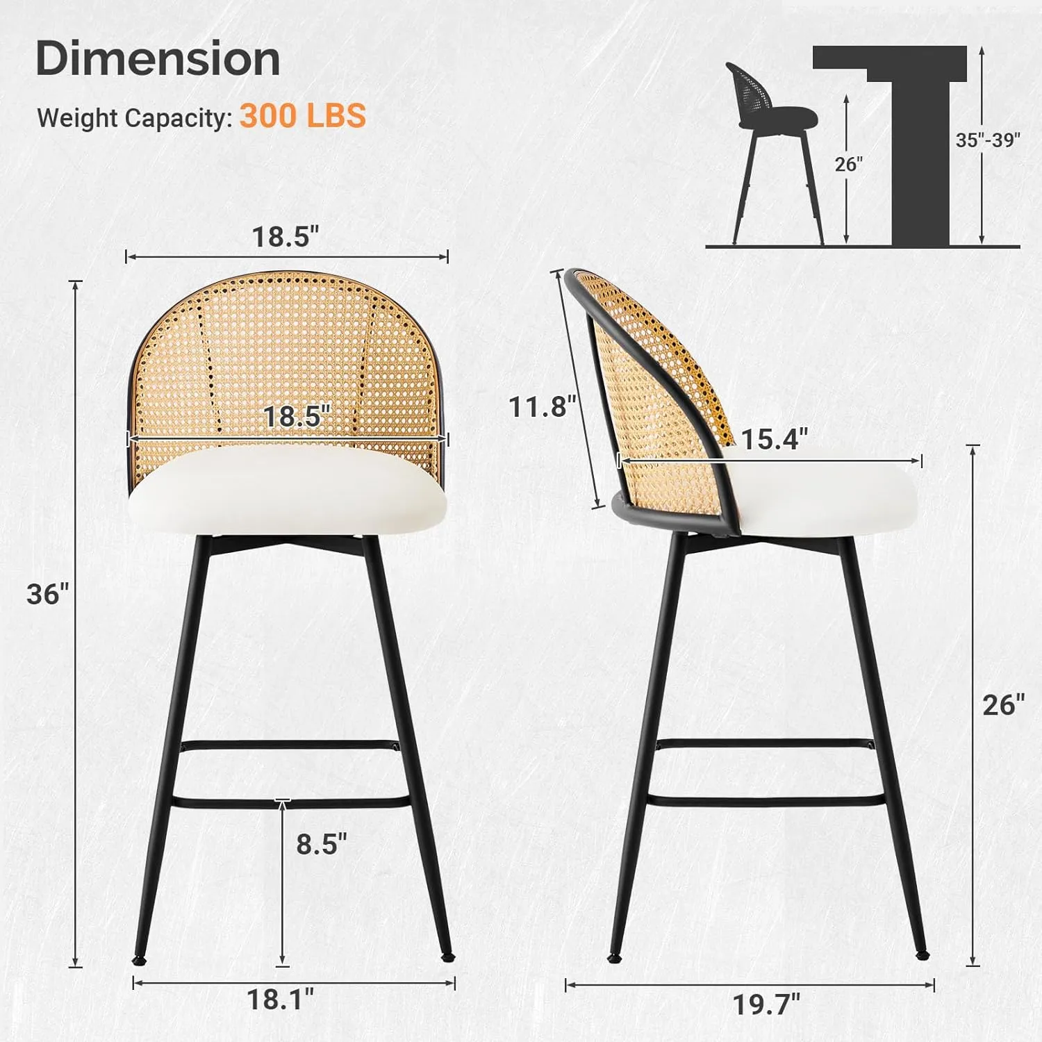 Counter Height Bar Stools Set of 3, 360° Swivel Upholstered Barstools with Rattan Full Back & Metal Legs, PU Leather 26" Mid Century Modern Counter Stool Kitchen Island Bar Chairs, White