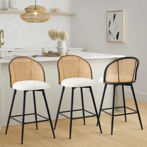 Counter Height Bar Stools Set of 3, 360° Swivel Upholstered Barstools with Rattan Full Back & Metal Legs, PU Leather 26" Mid Century Modern Counter Stool Kitchen Island Bar Chairs, White