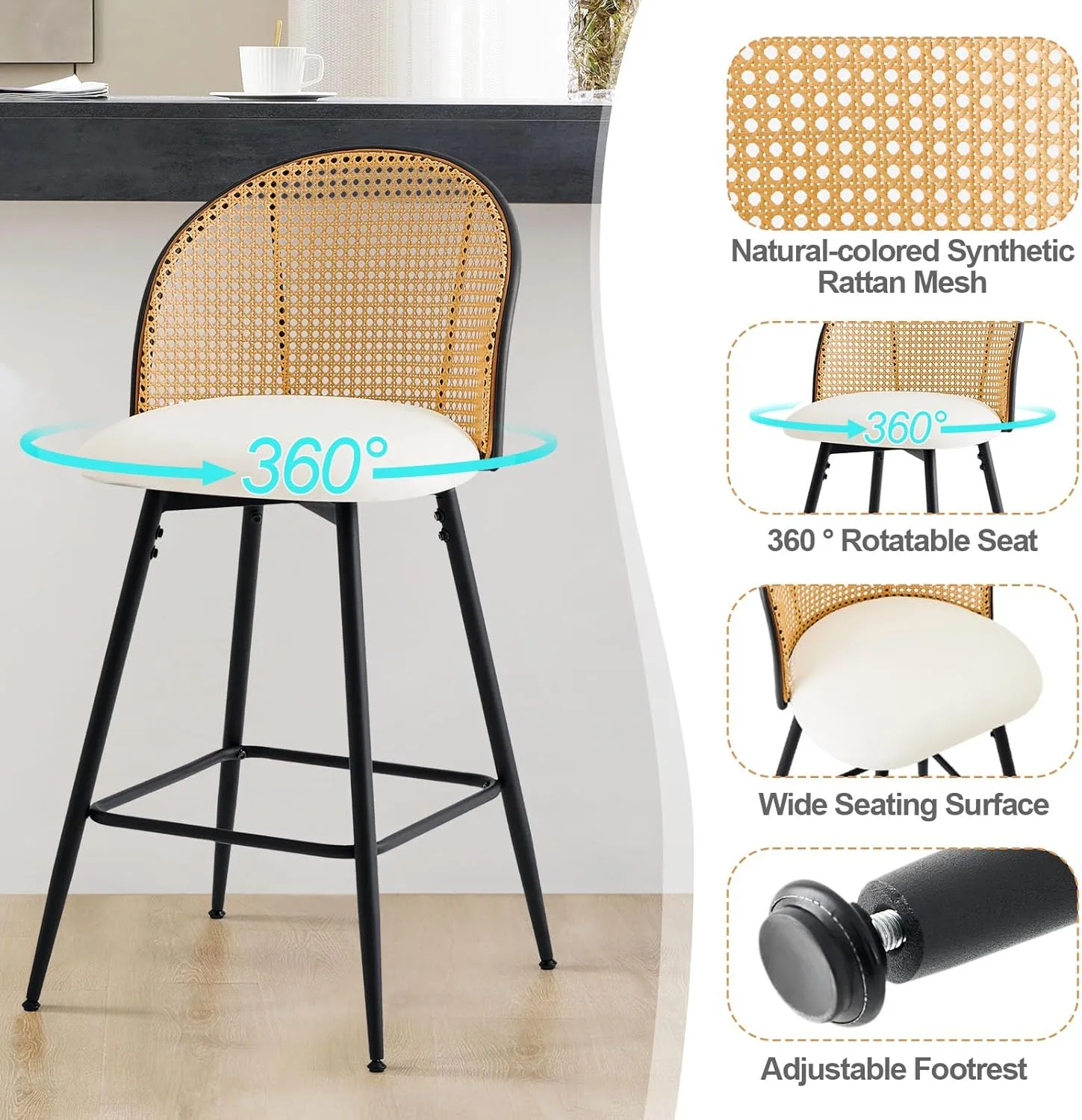 Counter Height Bar Stools Set of 3, 360° Swivel Upholstered Barstools with Rattan Full Back & Metal Legs, PU Leather 26" Mid Century Modern Counter Stool Kitchen Island Bar Chairs, White