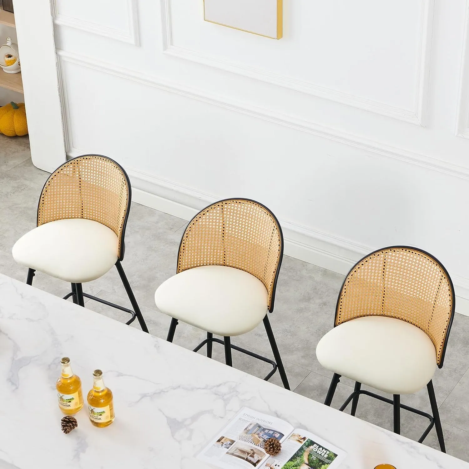 Counter Height Bar Stools Set of 3, 360° Swivel Upholstered Barstools with Rattan Full Back & Metal Legs, PU Leather 26" Mid Century Modern Counter Stool Kitchen Island Bar Chairs, White