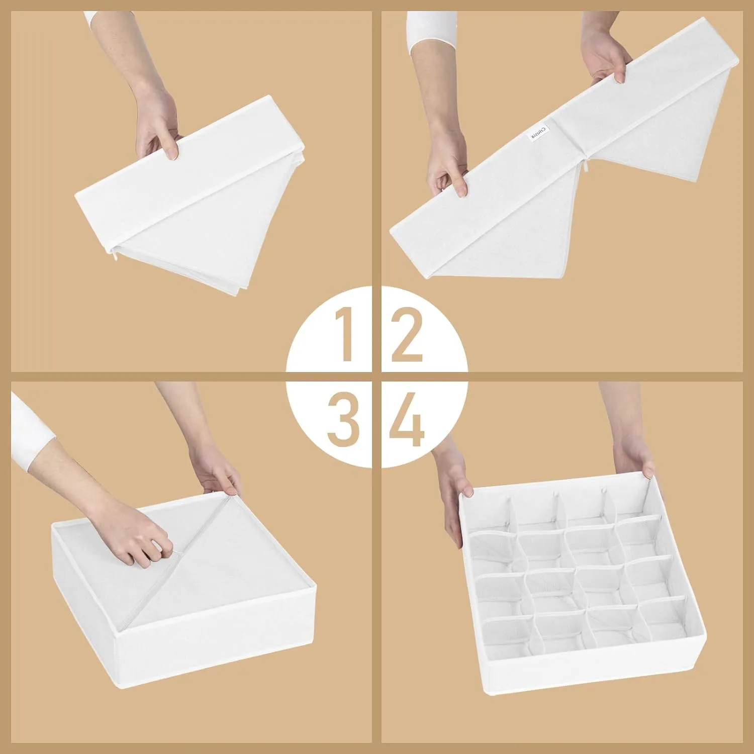 Criusia 3 Pack Sock Underwear Drawer Organizer Dividers, 64 Cell Fabric Foldable Cabinet Closet Organizers and Storage Boxes for Storing Socks, Panties, Ties (16 24 24 Cell, White)