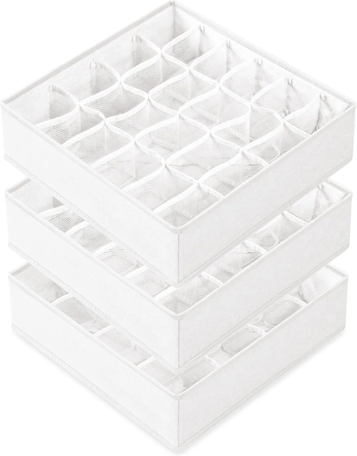Criusia 3 Pack Sock Underwear Drawer Organizer Dividers, 64 Cell Fabric Foldable Cabinet Closet Organizers and Storage Boxes for Storing Socks, Panties, Ties (16 24 24 Cell, White)