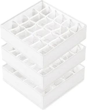 Criusia 3 Pack Sock Underwear Drawer Organizer Dividers, 64 Cell Fabric Foldable Cabinet Closet Organizers and Storage Boxes for Storing Socks, Panties, Ties (16 24 24 Cell, White)