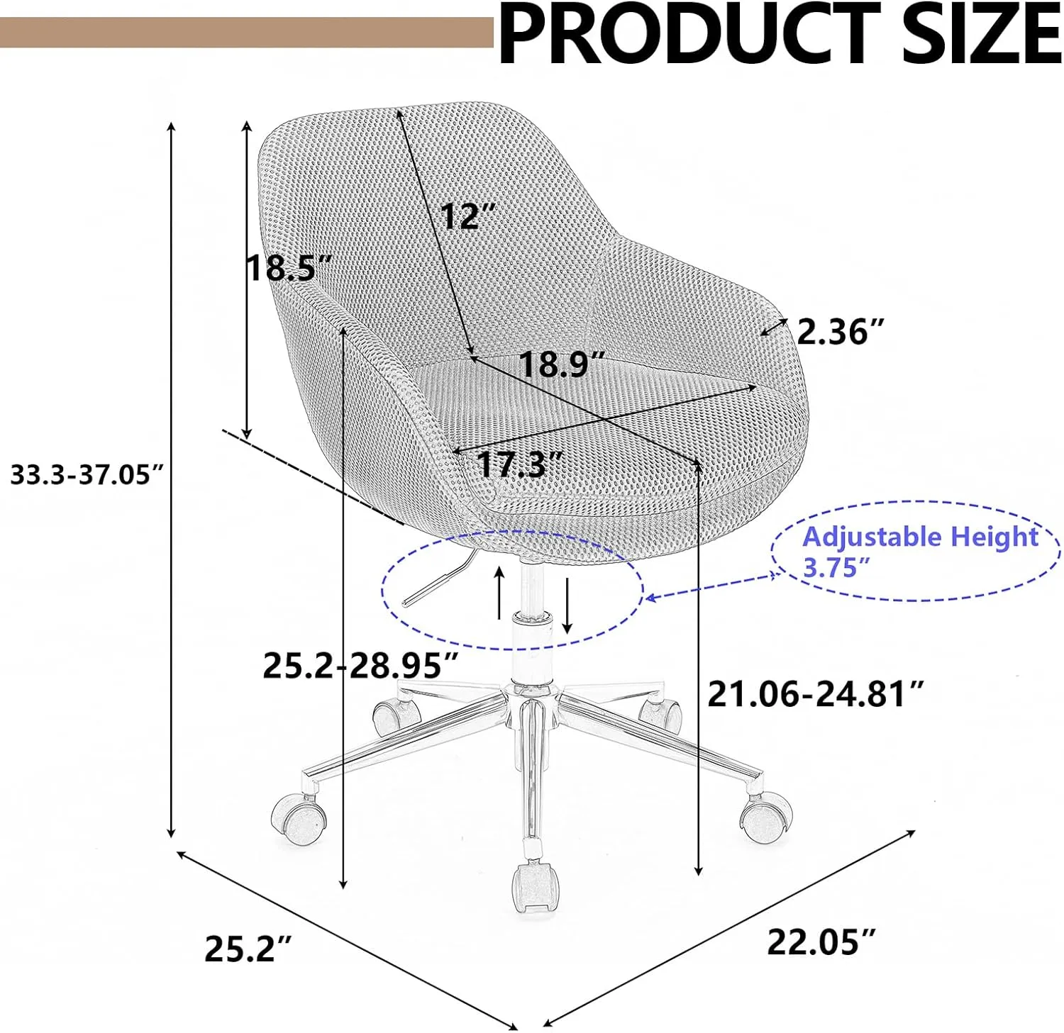 Cross Legged Office Chair, Mesh Fabric Vanity Chair with Wheels, Height Adjustable Swivel Task Chair, Desk Chair with Gold Metal Base Beige
