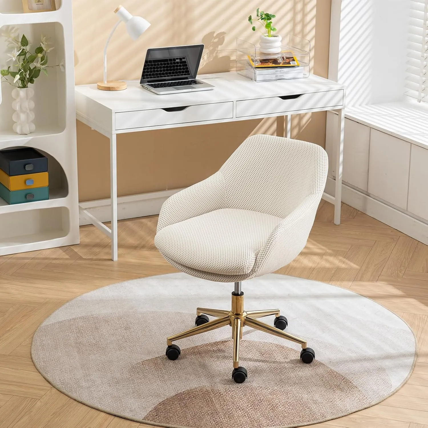 Cross Legged Office Chair, Mesh Fabric Vanity Chair with Wheels, Height Adjustable Swivel Task Chair, Desk Chair with Gold Metal Base Beige