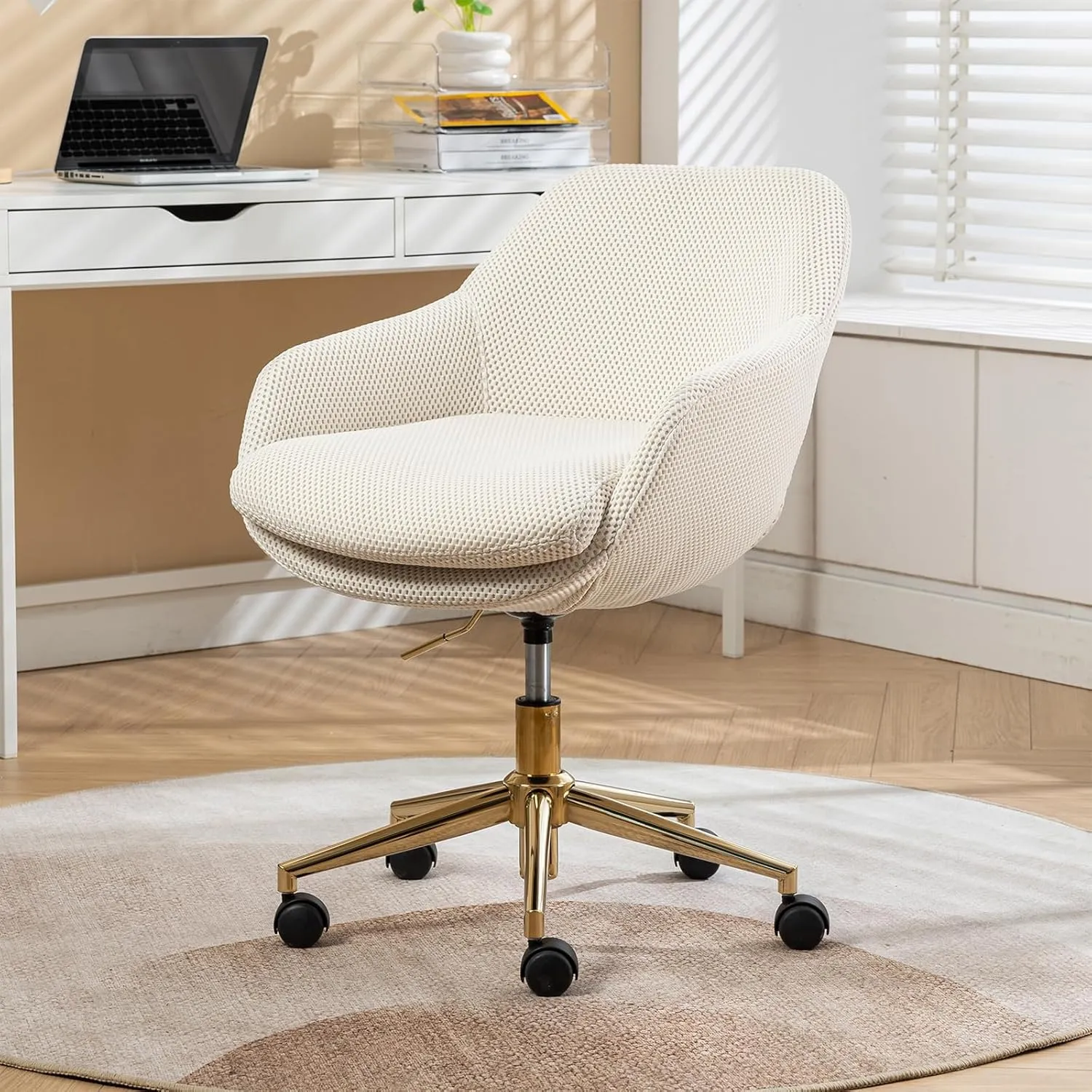 Cross Legged Office Chair, Mesh Fabric Vanity Chair with Wheels, Height Adjustable Swivel Task Chair, Desk Chair with Gold Metal Base Beige