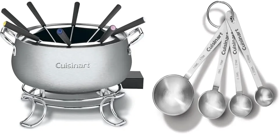 Cuisinart Fondue Pot, 3 Quart, For Chocolate, Cheese, Broth, Oil, Stainless Steel, CFO-3SSP1 & CTG-00-SMP Stainless Steel Measuring Spoons, Set of 4,Silver