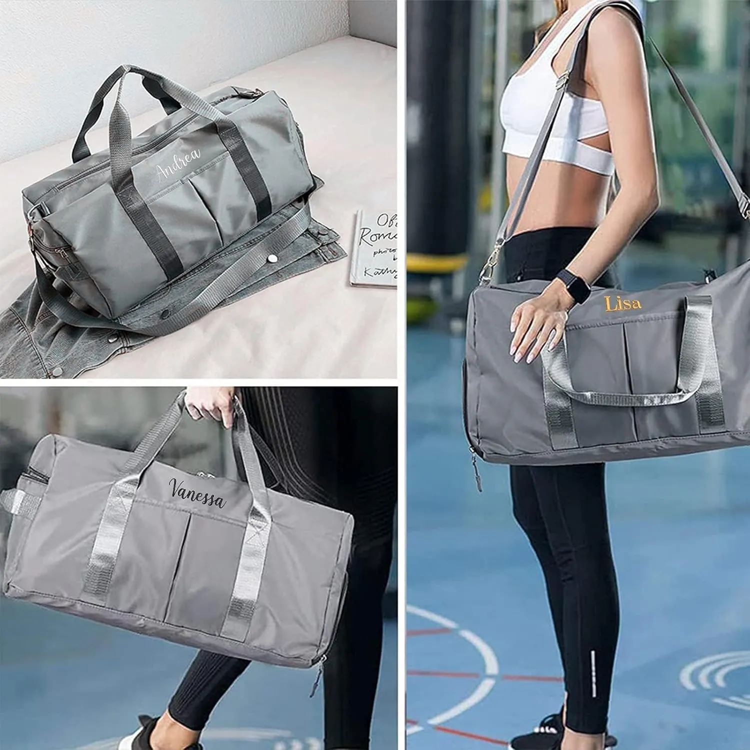 Customized Large Capacity Travel Duffle Bag with Embroidery Name,Wet Dry Pockets & Shoe Compartment,Ideal for Weekend Getaways,Long Trips,Groomsman,Bridesmaid (Gray)