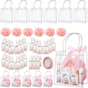 Demissle 6 Sets Baby Shower Game Prizes for Winners Baby Shower Favors Gifts Include Lip Balms Hand Creams Body Lotions Bath Loofah Sponges Gift Bags(Pink Flower)