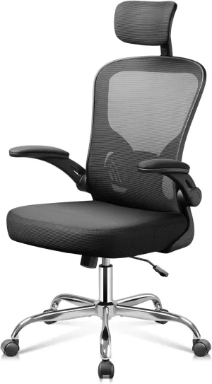 DEVAISE Office Chair High Back Mesh Ergonomic Desk Chair with Flip-up Armrests, Adjustable Headrest and Lumbar Support, Black