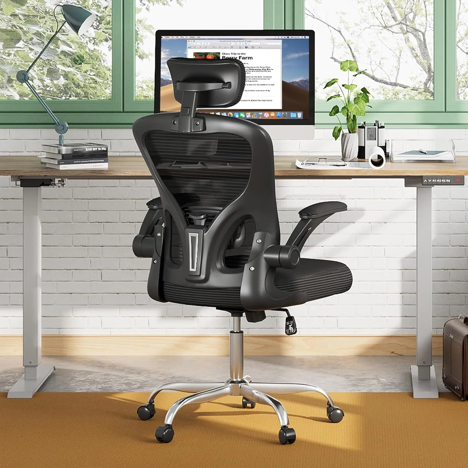 DEVAISE Office Chair High Back Mesh Ergonomic Desk Chair with Flip-up Armrests, Adjustable Headrest and Lumbar Support, Black