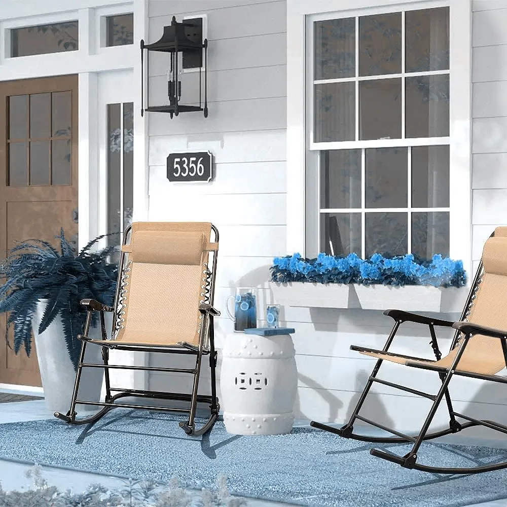 Devoko Patio Rocking Zero Gravity Chair Outdoor Wide Recliner Chair for Lawn Beach Camping Poolside with Headrest Pillow (Beige)