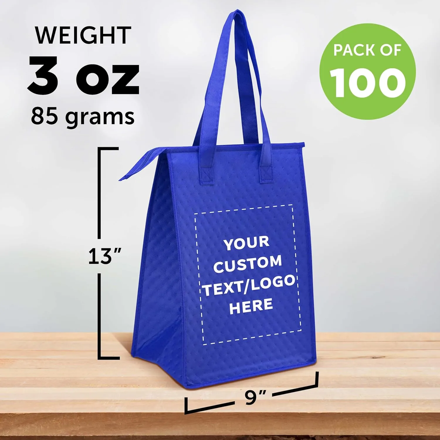 DISCOUNT PROMOS Custom Zipper Insulated Lunch Tote Bags Set of 100, Personalized Bulk Pack - Perfect for Work, Travel, Outdoor Events - Reflex Blue