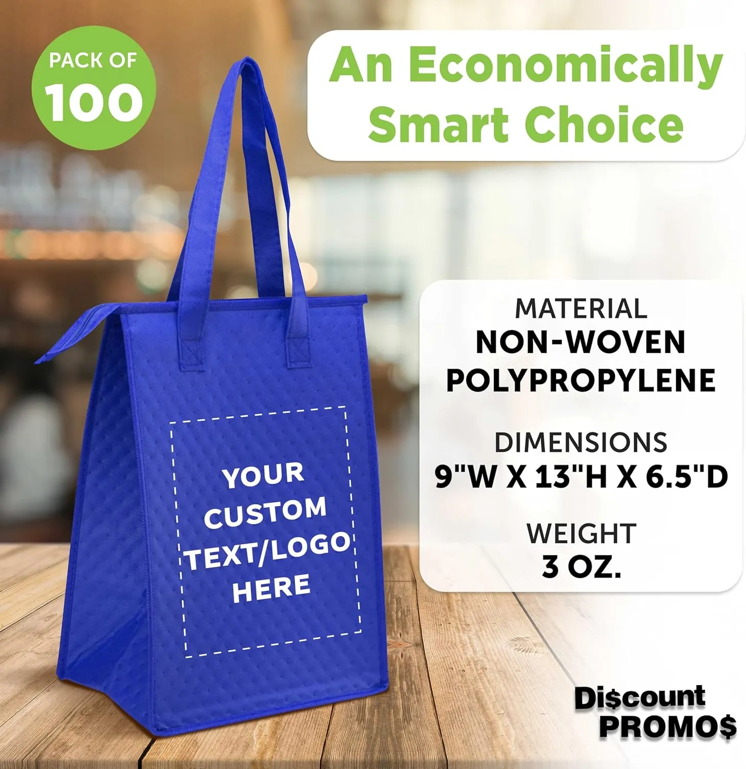 DISCOUNT PROMOS Custom Zipper Insulated Lunch Tote Bags Set of 100, Personalized Bulk Pack - Perfect for Work, Travel, Outdoor Events - Reflex Blue