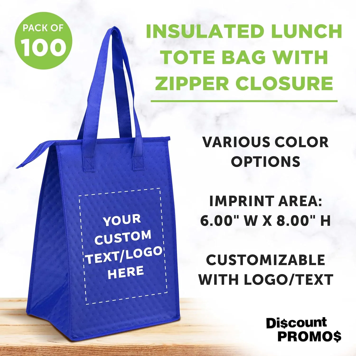 DISCOUNT PROMOS Custom Zipper Insulated Lunch Tote Bags Set of 100, Personalized Bulk Pack - Perfect for Work, Travel, Outdoor Events - Reflex Blue