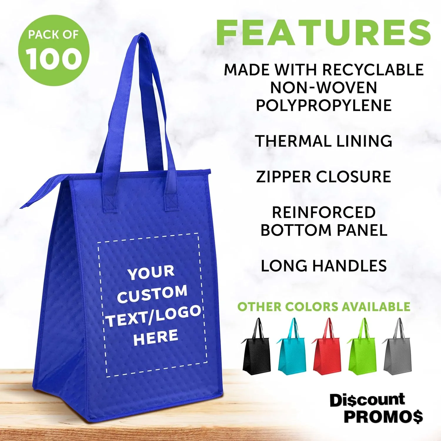 DISCOUNT PROMOS Custom Zipper Insulated Lunch Tote Bags Set of 100, Personalized Bulk Pack - Perfect for Work, Travel, Outdoor Events - Reflex Blue