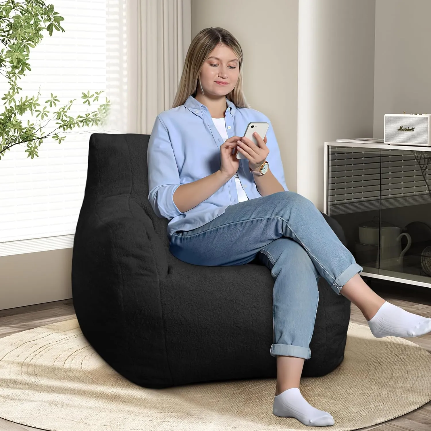 DKLGG Bean Bag Chair with Filler, Tufted Bean Bag Sofa, Fluffy Sherpa and Lazy Couch, Comfy Cozy BeanBag Chairs with Memory Foam for Living Room, Bedroom, Apartment (Black)