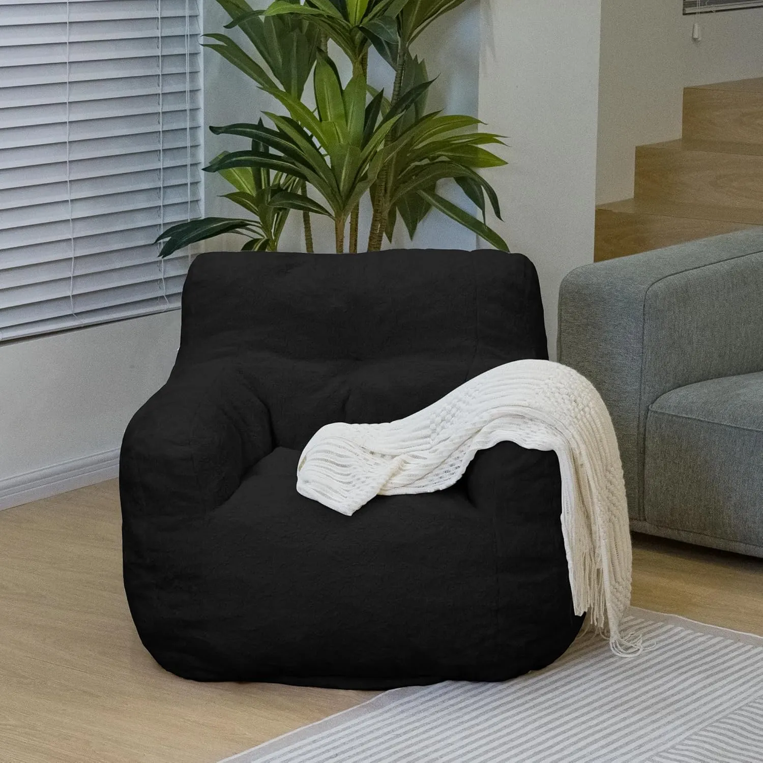 DKLGG Bean Bag Chair with Filler, Tufted Bean Bag Sofa, Fluffy Sherpa and Lazy Couch, Comfy Cozy BeanBag Chairs with Memory Foam for Living Room, Bedroom, Apartment (Black)