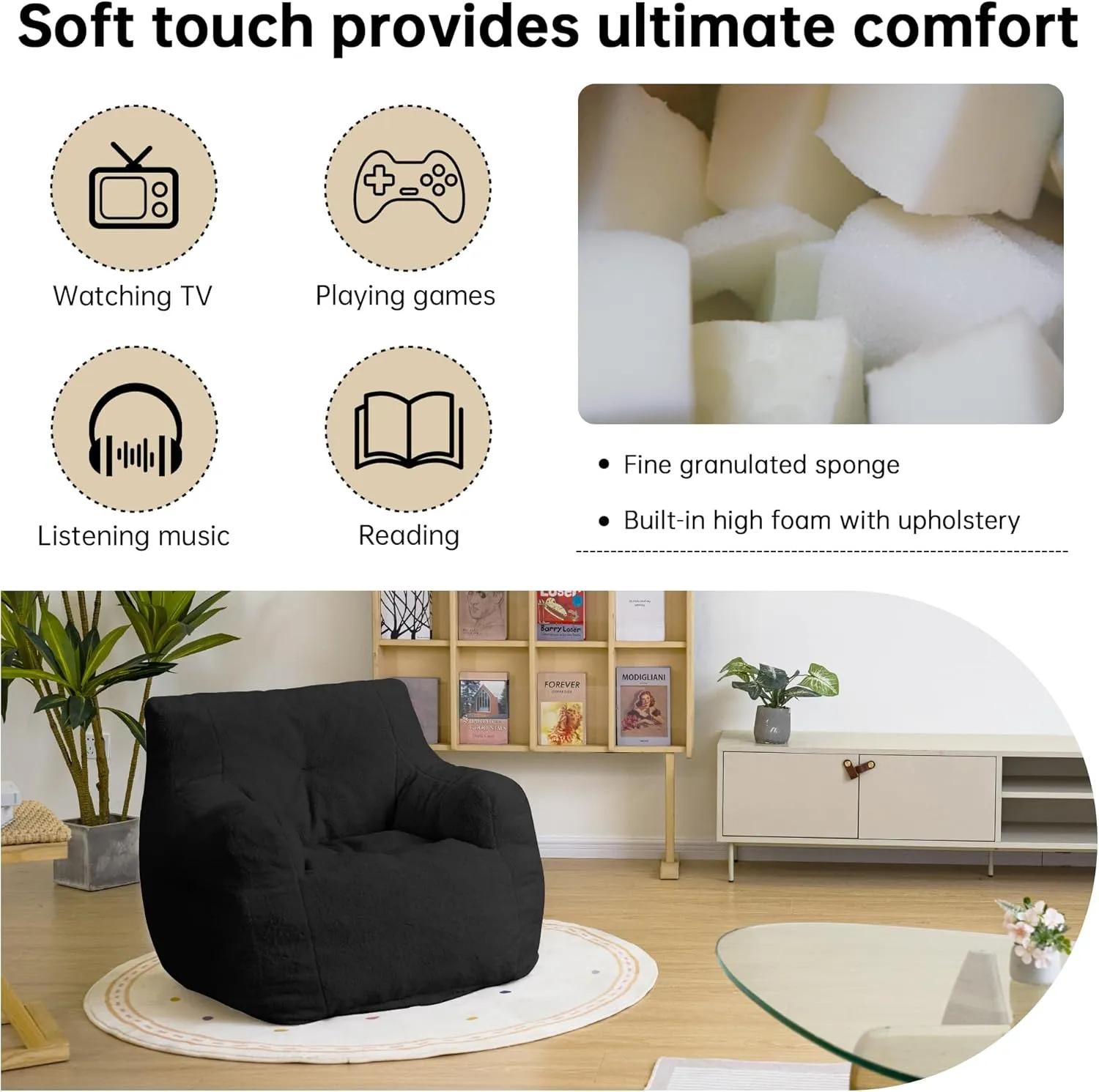 DKLGG Bean Bag Chair with Filler, Tufted Bean Bag Sofa, Fluffy Sherpa and Lazy Couch, Comfy Cozy BeanBag Chairs with Memory Foam for Living Room, Bedroom, Apartment (Black)