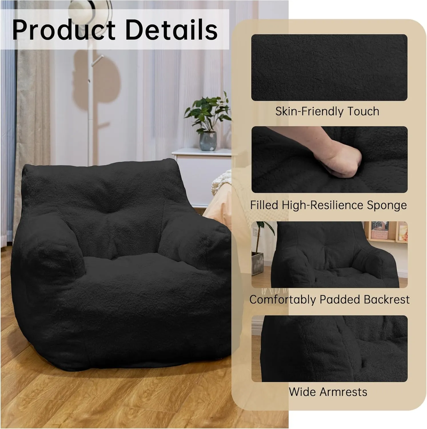 DKLGG Bean Bag Chair with Filler, Tufted Bean Bag Sofa, Fluffy Sherpa and Lazy Couch, Comfy Cozy BeanBag Chairs with Memory Foam for Living Room, Bedroom, Apartment (Black)