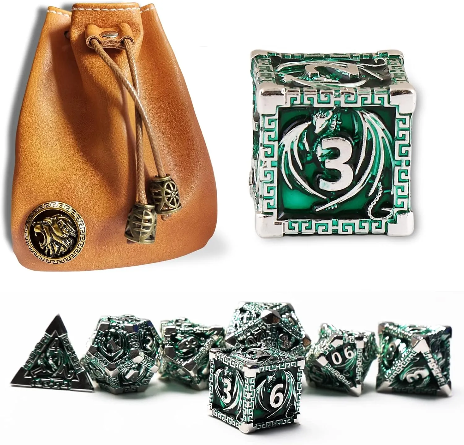 DND Dice Metal Dragon Set,Unique Dragon Design Dice with Gift Dice Bag for Dungeons & Dragon Games,Magic The Gathering,D and D D&D Dice Set (Silver Green)